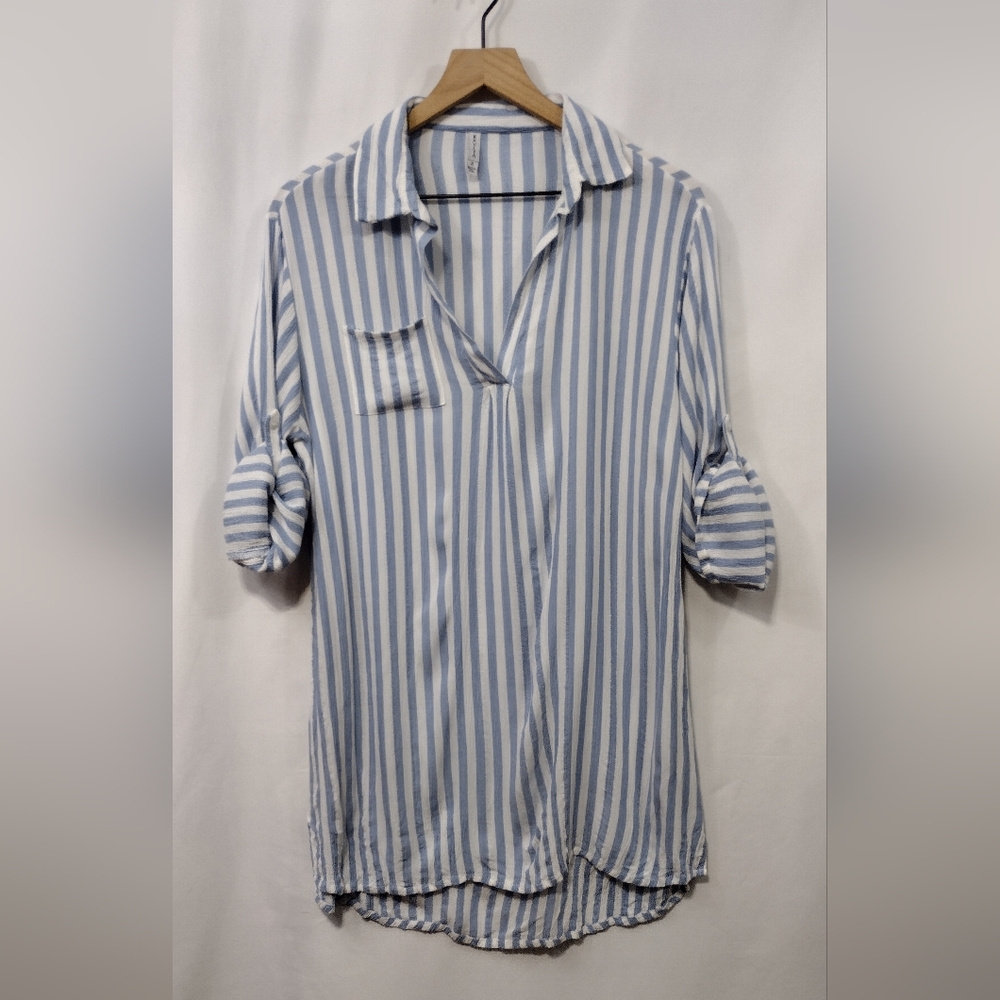Raviya Stripped Tunic Shirt Women's S White Blue Boho Retro Casual Comfy - Picture 2 of 11